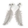 Silver Tone Clear Crystal Delicate Feather Drop Earrings - 50mm