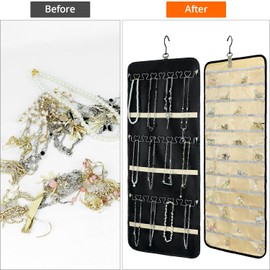 QWORK® 1 stück schmuckaufbewahrung, doppelseitiger halsketten-organizer zum aufhängen, mit staubdichten taschen und haken, zum ordnen von schmuck, kosmetik und accessoires