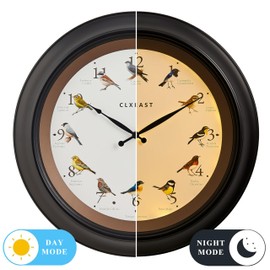 CLXEAST 18 Inch Indoor Outdoor Singing Bird Wall Clock,Auto Silent Night Mode,Battery Operated Illuminated Wall Clock with Smart LED Light Sensor for Living Room,Patio,Porch,Oil Rubbed Bronze Black