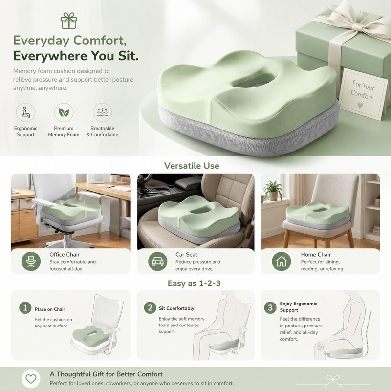 Memory Foam Seat Cushion for Office Chairs – 3D Ergonomic