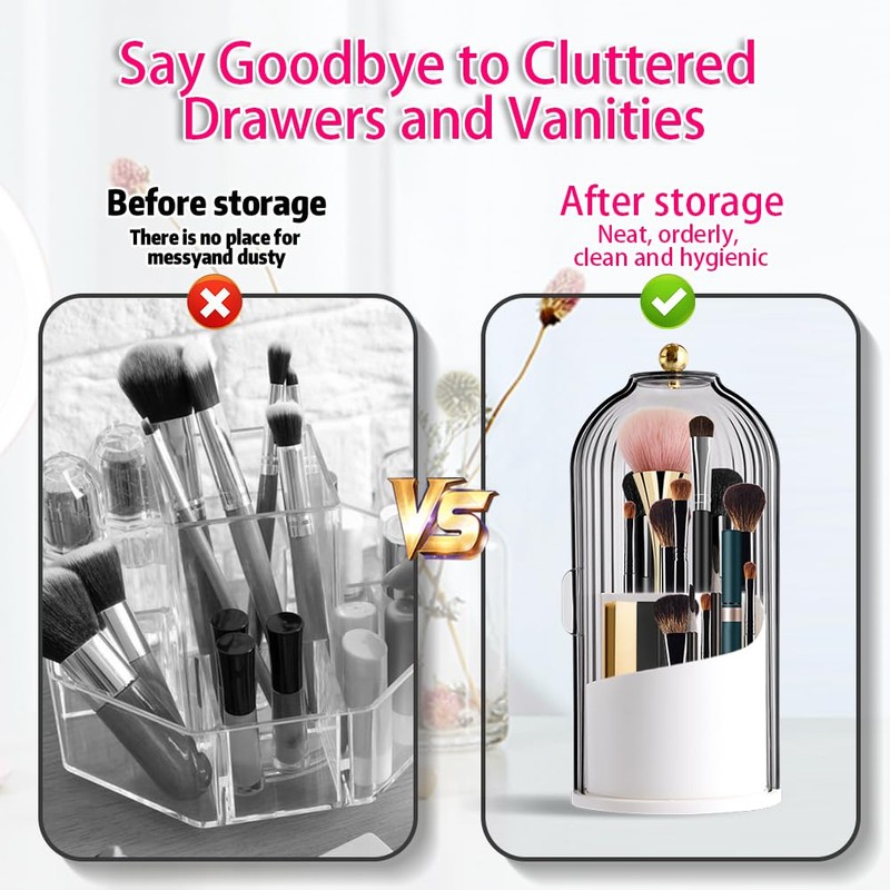 Fosoloni Makeup Brush Holder Organizer with Clear Lid 360 Rotating
