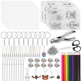 184 Pcs Shrink Plastic Sheets Kit, All-in-One DIY Keychain Making Kit for Kids with 20 Plastic Sheets, Keychains, Hole Punch, Coloring Pencils for Creative Crafts