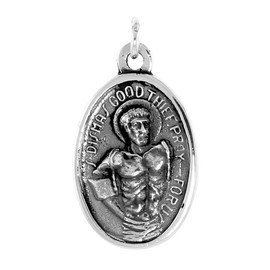 Sterling Silver St Dismas Medal the Good Thief with Sacred Heart Necklace Oxidized finish Oval 22 inch 1.8mm Chain