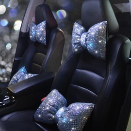 Pirador Car Neck Pillows Bowknot Car Headrest Cushion Crystal Rhinestone Diamond Bling Accessories for Women Driving Comfort Neck Support Pillow White 2Pcs