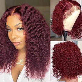 99j Burgundy Lace Front Wigs Human Hair 13x6 Deep Wave Lace Front Wigs Human Hair Pre Plucked 200 Density HD Transparent Wet and Wavy Red Color 10 Inch