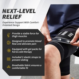 CAMBIVO Thigh Support Compression Tights 2 Pack with Hot & Cold Gel Pack for Hamstring Support Women Men Running, Gym, Sports, Pulled Muscle Strains with Two Adjustable Non-Slip Strap (M)