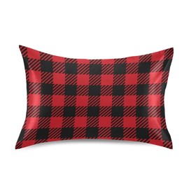 Dalzium Christmas and New Year Buffalo Plaid Satin Pillowcase for Hair and Skin, Red and Black Buffalo Check Plaid Silk Pillow Case with Envelope Closure, Standard Size 20x26 inches, 1 PC