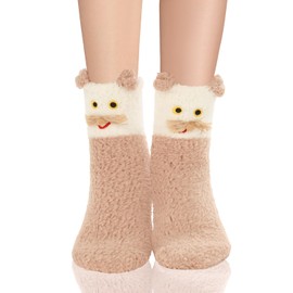 Benefeet Sox Womens Girls Fuzzy Socks Cute Fuzzy Cat Socks Kawaii Cozy Soft Socks Funny Silly Cartoon Comfy Fluffy Slipper Socks Thick Plush Sleeping Socks Winter Warm Indoor Home Socks, Coffee Cat