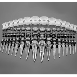 CABBE KALLO 50pcs Ear Stretching Kit Silicone Tunnels Acrylic Tapers and Plugs 14G-00G Gauges Set for Ear Piercing - Gage Starter Kit with Plugs and Tapers - Ear Gauges Stretching Kit and More (Transparent)