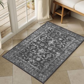 Washable Area Rug 2x3 Black Rugs for Living Room, Vintage Boho Rug for Bedroom Dining Room Office, Distressed Floral Print Carpet for Under Table, Soft Non Slip Low Pile Throw Carpet Indoor Mat