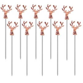 Ackron 10Pcs Cocktail Picks, Stainless Steel Cocktail Toothpicks, Deer Head Shape Cocktail Picks Reusable Cocktail Skewers for Bar Party BBQ Snacks, Club Sandwiches (Rose Gold)
