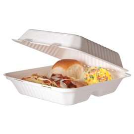 ECO PRODUCTS Compostable 9" Soak Proof Clamshell To Go Containers, Case of 200, 3 Compartment, Square Takeout Food Box, White Renewable Lined Molded Fiber, Cut Resistant, ASTM Compliant