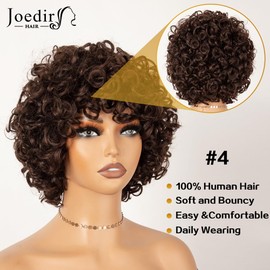 JOEDIR HAIR Short Curly Wig with Bangs Human Hair Wig for Black Women Dark Brown Short Curly Bob Wig Glueless Wig 150% Density (Color: 4)