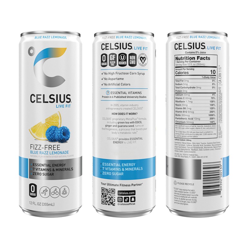 CELSIUS Fizz Free Blue Razz Lemonade, Sugar Free Energy Drink,