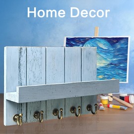 Kldgris Wooden Key Rack with Shelf, Key Holder with 5 Key Hooks, Decorative Wooden Wall Shelf for Entrance, Front Door, Hallway, Bedroom, Old Blue