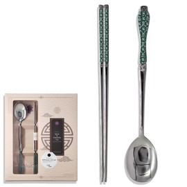BALWOO [Made in Korea] Goryeo Celadon Design Korean Table Sticky Rice Spoon and Chopsticks 430 Stainless Steel Glossy Surface Mukbang Cutlery (Blue, 5 Sets)