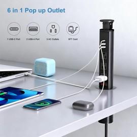 Pop Up Electrical Outlet for Countertop with 30W Max Fast Charging, Space Saver Pop Up Electrical Outlet with 3 AC Outlets, 2 USB-A, 1 USB-C for Kitchen Office Home Desk