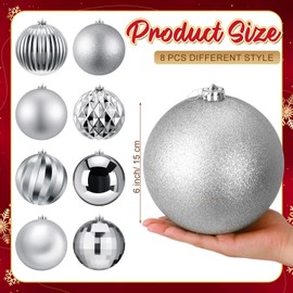 Zubebe 8 Pcs 6"(150 Mm) Large Christmas Balls Ornaments 8 Styles Giant Plastic Christmas Balls Oversized Huge Big Hanging Outdoor Ornaments for Holiday Party Xmas Tree Decor(Silver)