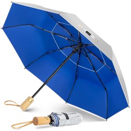 ZOMAKE Umbrella Compact UV Protection, Parasol Portable Automatic for Men Women, Small Pocket Umbrella, Stormproof, Stable with Wooden Handle, Silver Navy - Double