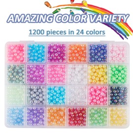Huisipool 1200PCS 6mm Pearl Beads for Crafts, 24 Colors Multicolor Pearl Beads with Hole for Jewelry Making and Crafting Bracelet Necklace Earrings