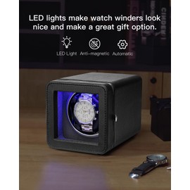 Vlando Automatic Watch Winder 1 Watch with Japanese Quiet Motors, Square Watch Winder, Watch Winder with 4 Rotation Modes, LED Light and Type C Adapter, Luxury Leather with Lychee Texture
