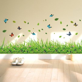 ufengke Green Grass Flowers Butterflies Wall Decals, Living Room Bedroom Baseboard Removable Wall Stickers Murals