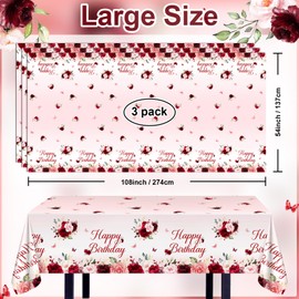 Avezano 3pcs Burgundy Happy Birthday Tablecloths 108x54 inch Burgundy Birthday Decorations for Women Girls Red Floral Birthday Party Table Covers Disposable