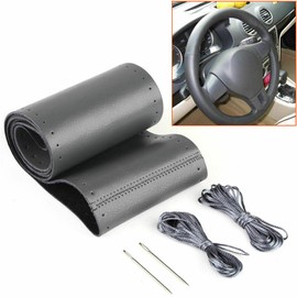 SHENKENUO New Black Genuine Leather DIY Car Steering Wheel Cover With Needles and Thread