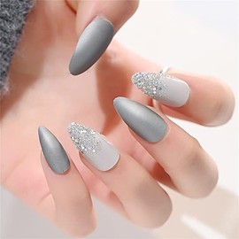 Shiny Sequin Powder-paved Press On False Nails Short Medium Length Full Cover Almond Shaped Acrylic Fake Nails Summer Fashion Nails for Nail Salons and Home DIY Nail Art 24 PCS (NF-603-2 Silver)
