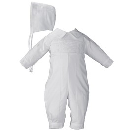 Hand Smocked Pin Tucked, Long Sleeve, Long Pant Christening Baptism Coverall, 12 Month White