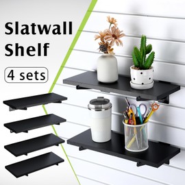 Beeveer 4 Pack Wooden Slatwall Shelf Set 15.7 × 5.9 Inch Black Slatwall Shelves with Metal Brackets Wall Mount Slatwall Shelf Bracket Wall Organizer Slatwall Accessories for Garage Home Retail