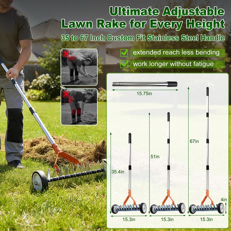 Wheeled Dethatching Rake for Lawn - 15" Heavy Duty Stainless