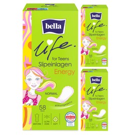 bella For Teens Energy Normal Pantiliners Dermatest: Very Good Ultra Thin Pantiliners for Teenagers in Pack of 3 (3 x 58 Pieces) Mixed Form with Fresh Fragrance