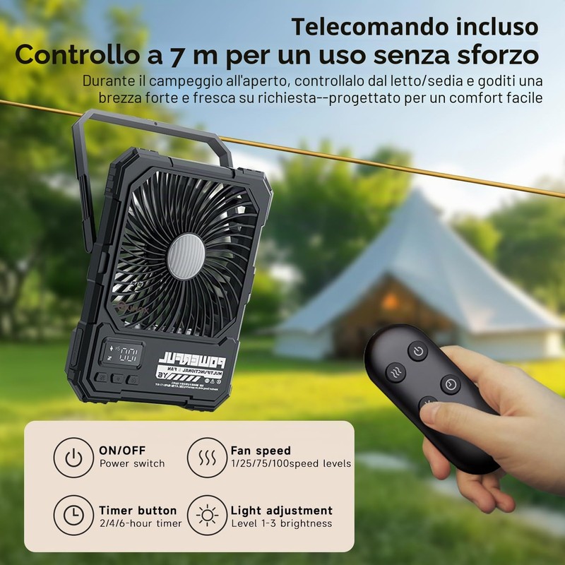 QUMOX Ventilatore da Campeggio Ricaricabile 20000mAh con Luce LED, Telecomando,