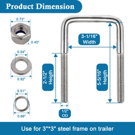 4 Set Stainless Steel Square U Bolt Kit for Boat Trailer, Heavy Duty U-Bolt with Nuts and Frame Plate for Automobiles Trailer, Ski Boat, and Sailboat Trailer (1/2" D x 3-1/16"W x 5-5/16"L)
