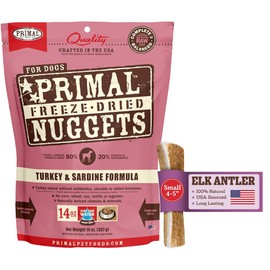 Primal Antler & Freeze Dried Dog Food Nuggets Bundle, Turkey & Sardine 14oz & Grade A Split Elk Antler for Small Dogs up to 15 lb