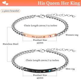 6 Piece Her King His Queen Necklace Bracelet Couple Necklace Bracelet Keychain Set for Valentines Jewelry Gift