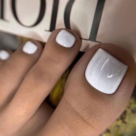 KQueenest Glitter White Press on Nails Short Square, Soft Gel Fake Toe Nails Press on, Sparkly Bling Glue on Toe nails for Women, Luxury Reusable Toe Acrylic Nails for Summer 24 Pcs