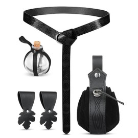 Sweetude 6 Pcs Renaissance Belt Medieval Viking Belt Potion Bottles Leather Belt Pouch Skirt Hikes(Black,Elegant Style)
