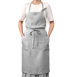 [LINEN & BASIC] Apron (Linen/Gray), Easy to Remove Dirt (No Metal Fittings/Pockets/Lacing), Glossy Feel, Elegant (Total Length 34.3 inches (87 cm), Width 41.3 inches (105 cm), Waist Strap 31.5 inches