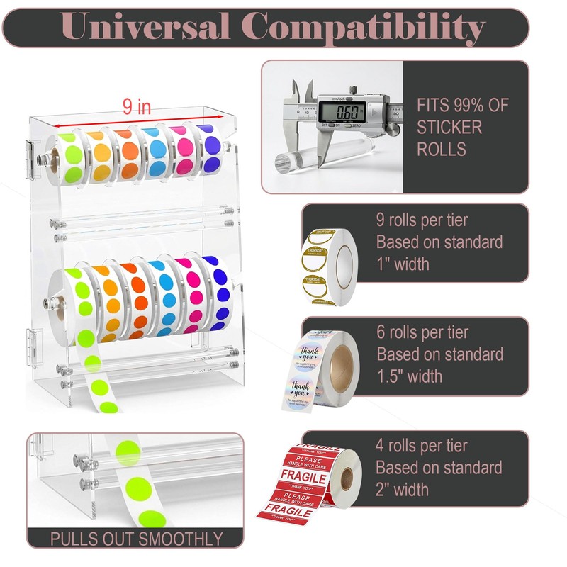 Double-Layer Acrylic Sticker Roll Dispenser, Adjustable Label Organizer for 12