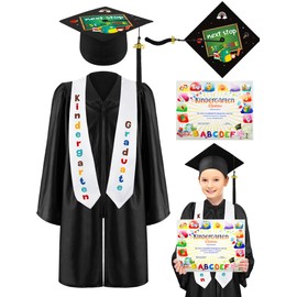 5 Pcs Kindergarten Graduation Cap and Gown Stoles Certificate Kids Graduation Custom with 2025 Tassel Set for Preschool Kids(Size 30,Black)
