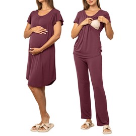 SUNNYBUY Women 3 PCS Maternity Nursing Nightgown Dress & Short Sleeve Breastfeeding Top & Pregnancy Pants Sleepwear Set, Burgundy L