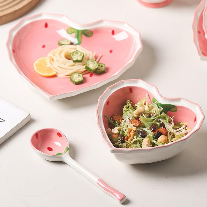 WAIT FLY Heart Shape Ceramic Dinnerware Set, Cute Strawberry Tableware