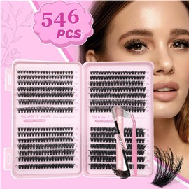 Fluffy Individual Eyelashes Kit 546Pcs Clusters Lashes Kit 40D+50D+60D+80D Natural Wispy Lashes 8-16mm Volume Individual Lashes Kit with Lash Bond Tweezers DIY Eyelash Extensions for Beginners(B03Kit)