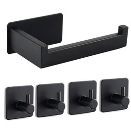 Ruimooto Toilettenpapierhalter Ohne Bohren, Selbstklebend Klopapierhalter WC Papierhalter Edelstahl Toilettenpapierrollenhalter mit 4 Stck Handtuchhaken fr Kche und Badzimmer, Schwarz