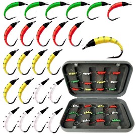 Qievcrme - 24 piezas de anzuelo artificial para pesca con mosca, trucha, trucha, mosca, pesca con mosca y bajo en caja (24 unidades, gusanos pupales)