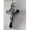 Catholic St Benedict Black Enamel Crucifix Medal Keychain Silver Tone