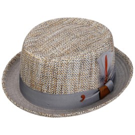 Alfonso D'Este Vendello Pork Pie Men's Fabric Hat, Summer Hat, Sun Hat, Pork Pie Hat, Made in Italy with Lining, Grosgrain Ribbon, Spring/Summer, M (56-57 cm), Beige/Blue, beige / blue, M