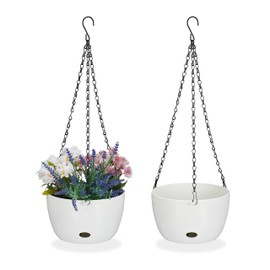 Relaxdays Hanging Basket with Water Reservoir, Set of 2, H x D 56 x 20.5 cm, Outdoor and Indoor, Hanging Flower Pot, Plastic, White, 56 x 20.5 cm